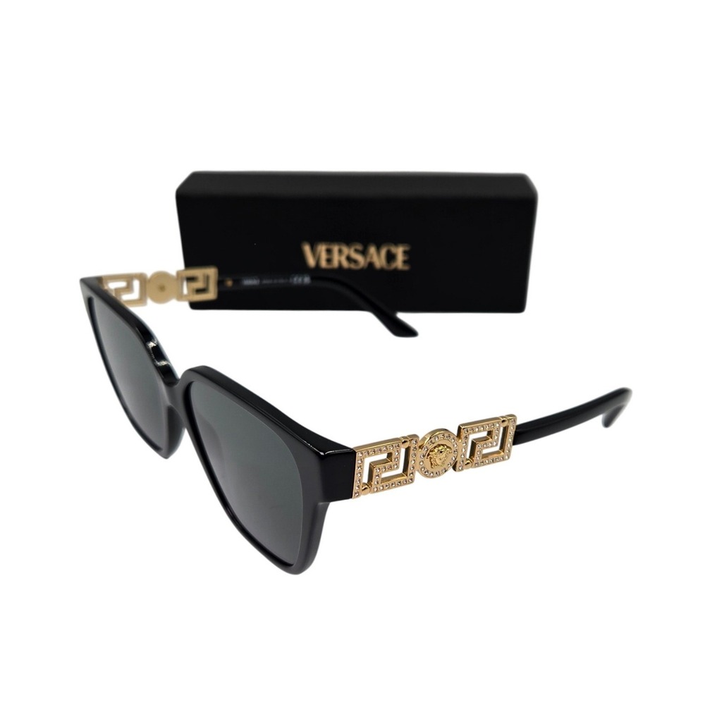 Versace 4471-B Sunglasses Black Gold Medusa Greca Crystal Cat Eye 56-16-140